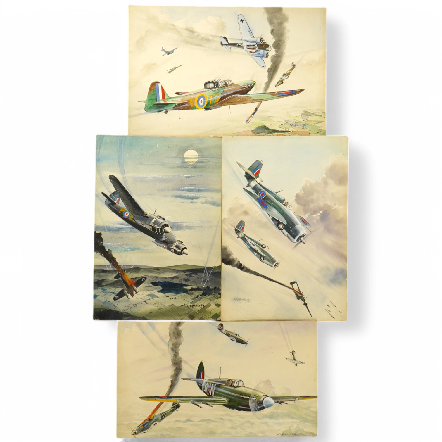 AFD Bannister, set of four original WWII watercolours for post card designs, RAF Aircraft to include ‘Hawker Hurricanes in combat’ and ‘The End of the Raider, Bristol Beaufighter downs a Heinkel III k’, each signed with